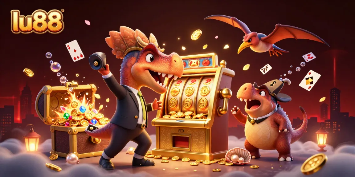 Lu88 casino scene featuring a dinosaur winning jackpots and catching golden coins in a dynamic 3D illustration.