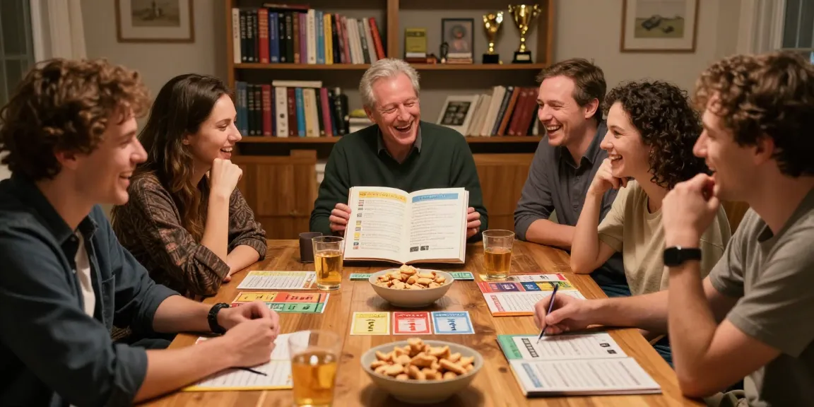 Freunde testen ihr Wissen mit einem Quiz Allgemeinwissen und genießen dabei Snacks und Getränke.