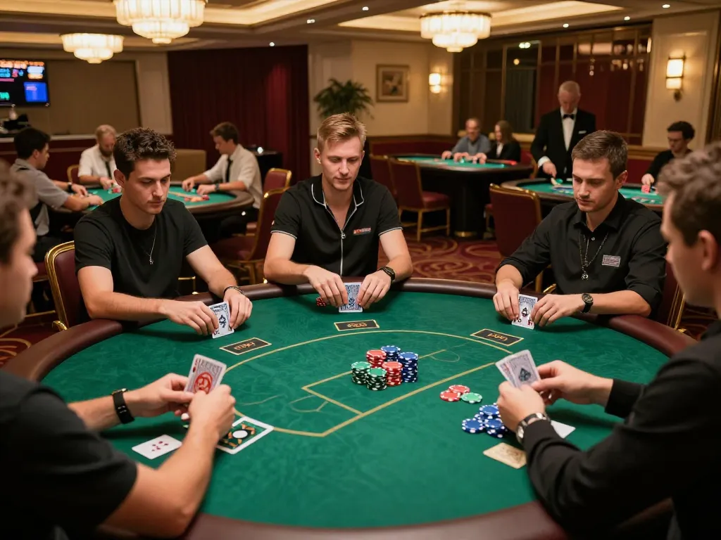 Players enjoying an engaging poker game at RR88 casino, showcasing vibrant chips and action-packed gameplay.