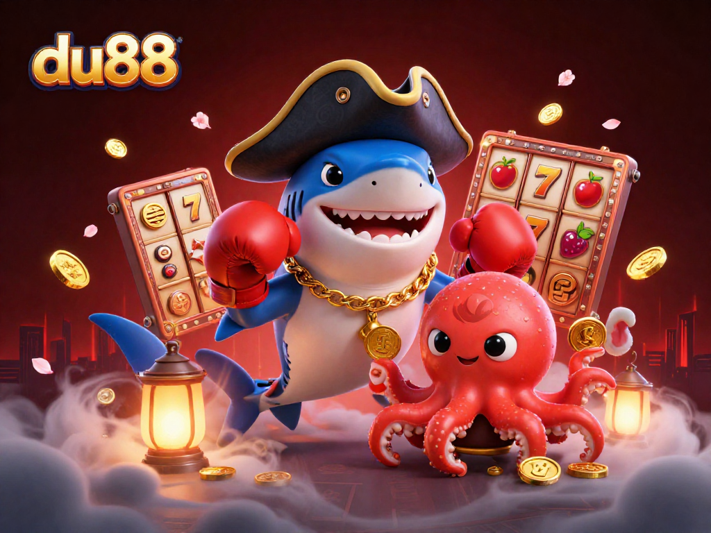 du88 pirates celebrate jackpot wins with cartoon characters and vibrant casino elements