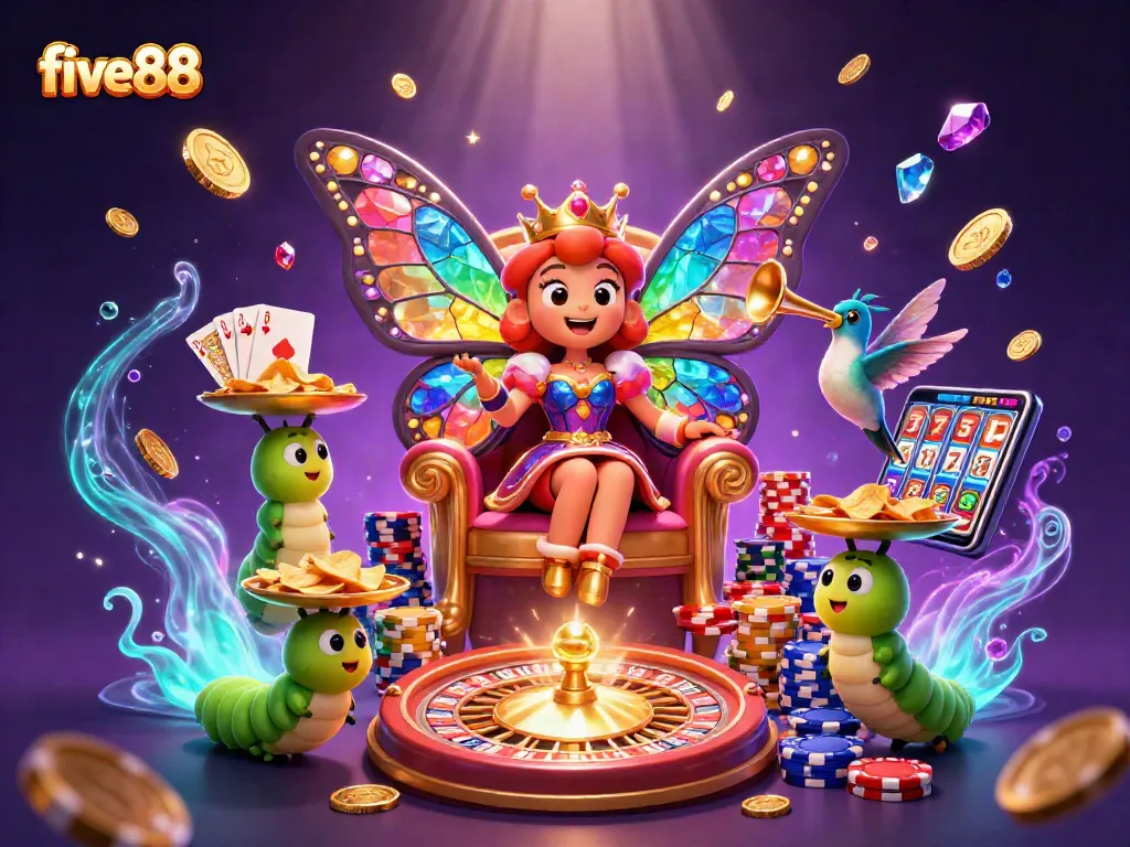 Engage in vivid gambling excitement with five88's 3D illustration showcasing a butterfly queen amidst colorful chips and sparkling treasures.