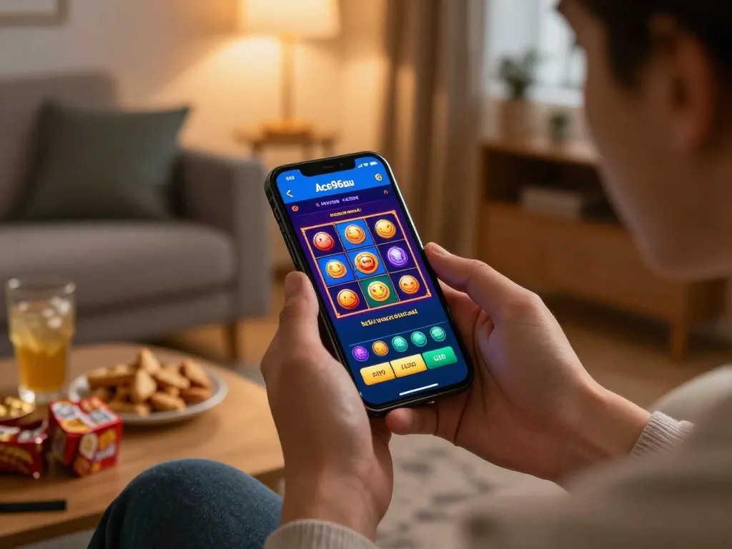 Player enjoying Ace96au online gaming app with colorful slot visuals in a cozy home setting.
