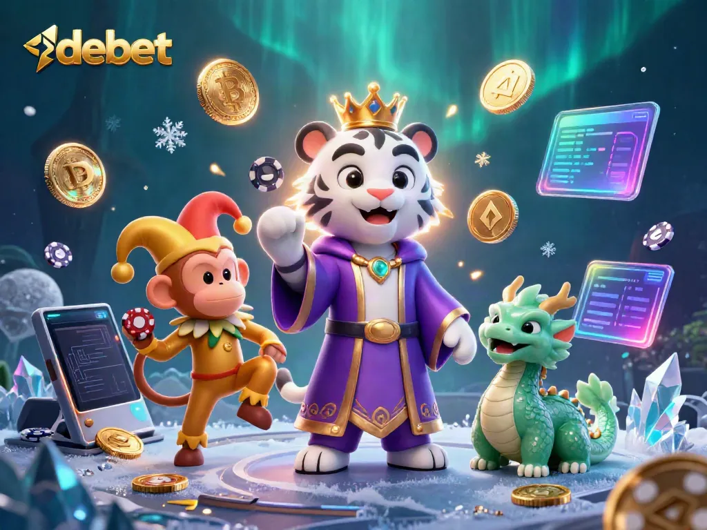 Engaging debet casino illustration featuring a white tiger, golden monkey, and jade dragon with Bitcoin coins.