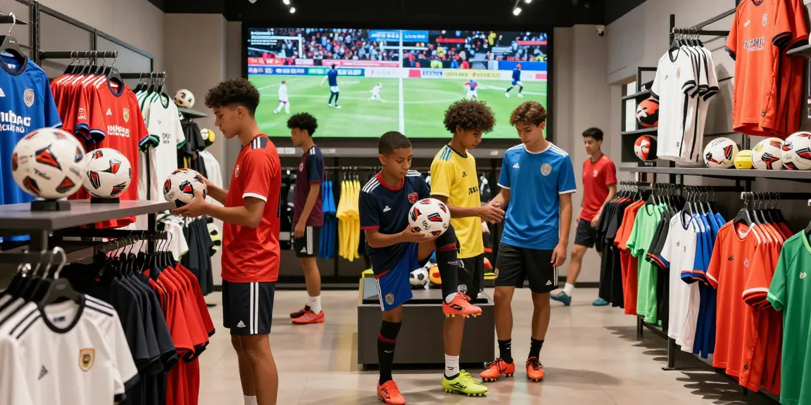 Fußballbedarf kaufen im hochwertigen Sportgeschäft, junge Athleten testen Bälle und Schuhe.