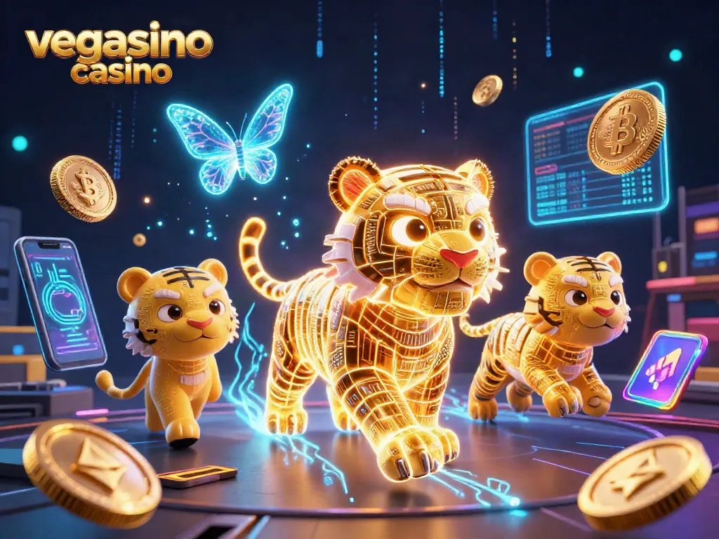 Experience the excitement of vegasino casino with vibrant elements and digital characters creating a thrilling atmosphere.