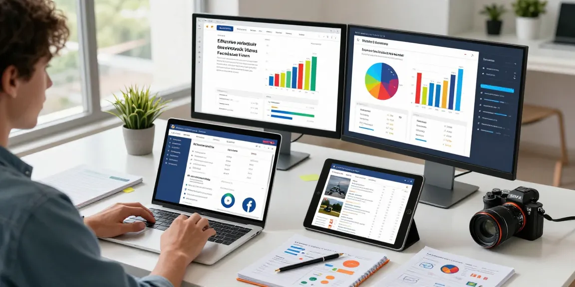 Facebook Views kaufen: Online-Marketing-Experte analysiert Engagement-Daten mit Laptop und Tablet.