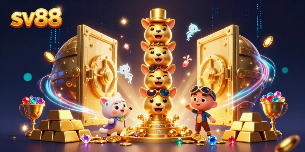 Engage with sv88's vibrant casino world featuring animated totem, treasures, and dynamic gameplay.