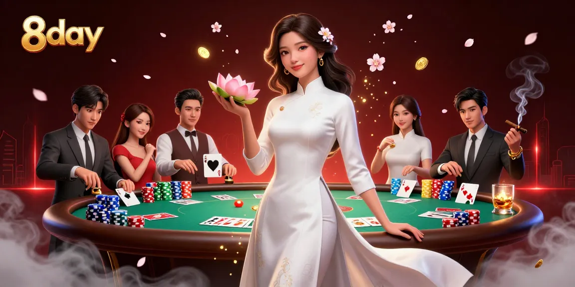 Engage in thrilling poker matches at 8day with colorful chips and dynamic gameplay elements.