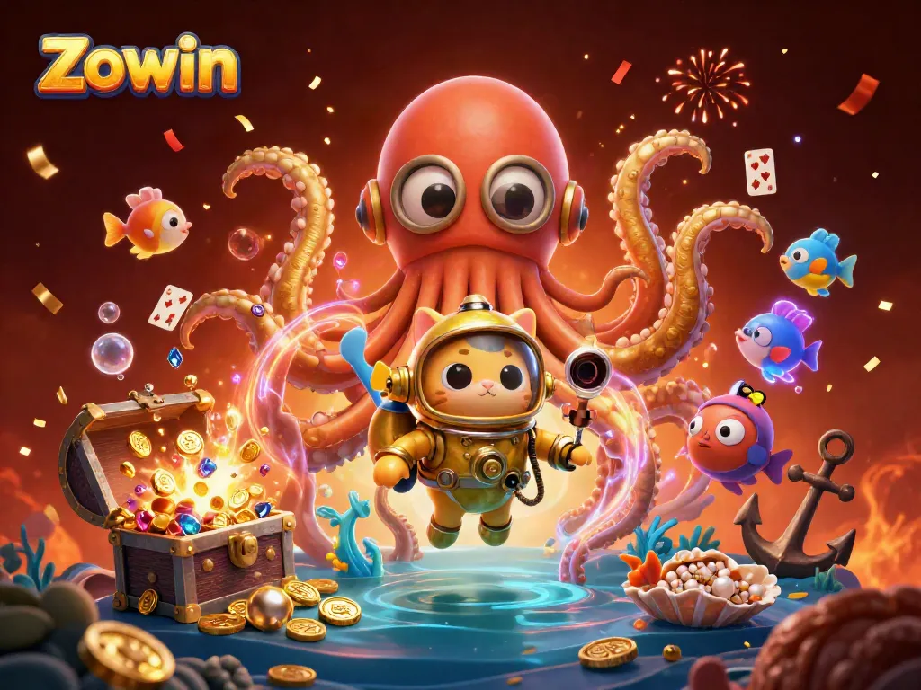 Zowin offers thrilling gameplay with dynamic treasure undersea scenes featuring a kraken, diving cat, and underwater treasures.