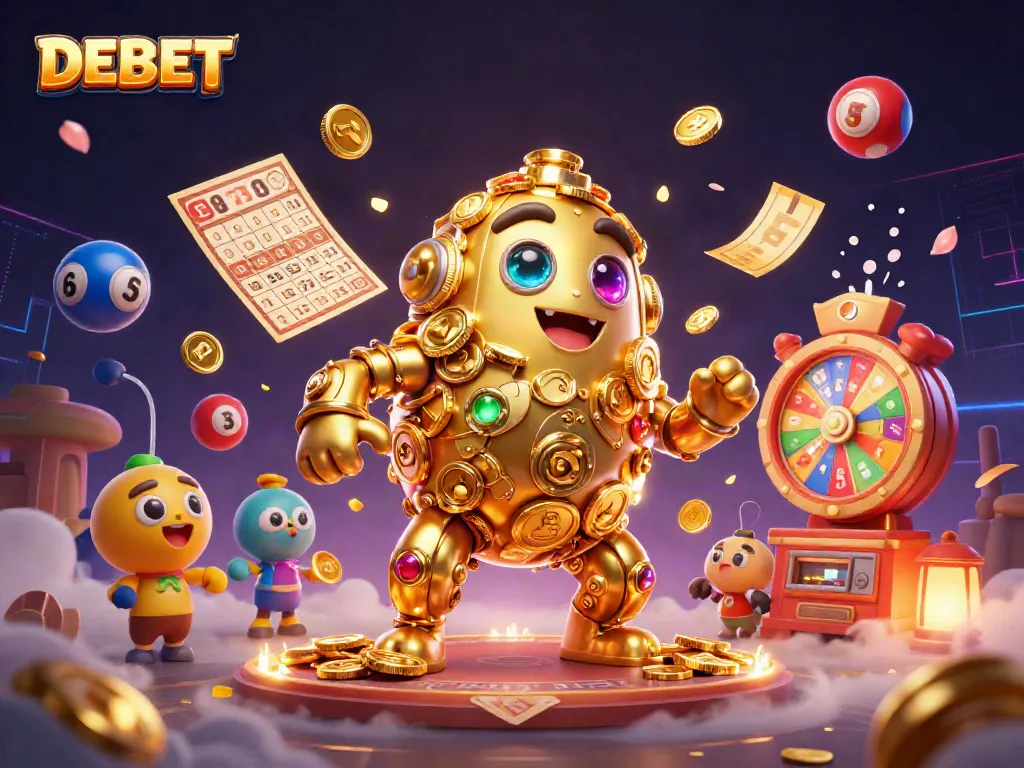 Engage in the excitement of DEBET with a dazzling display of colorful lottery elements and a dynamic golden golem centerpiece.