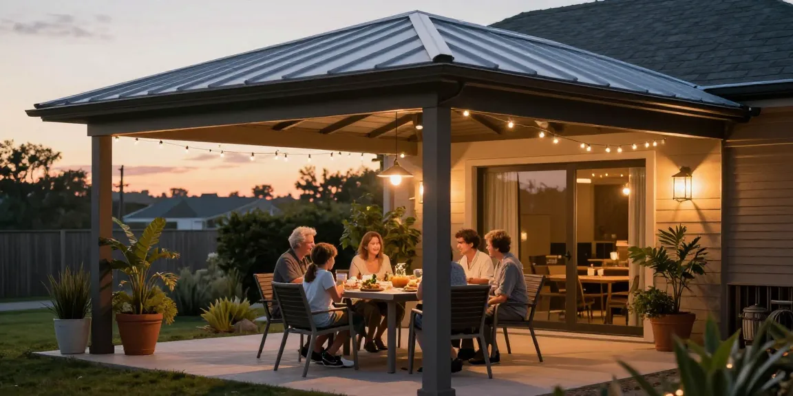 Moderne Terrassenüberdachungen, die eine Familie bei einem Abendessen im Freien zeigen.