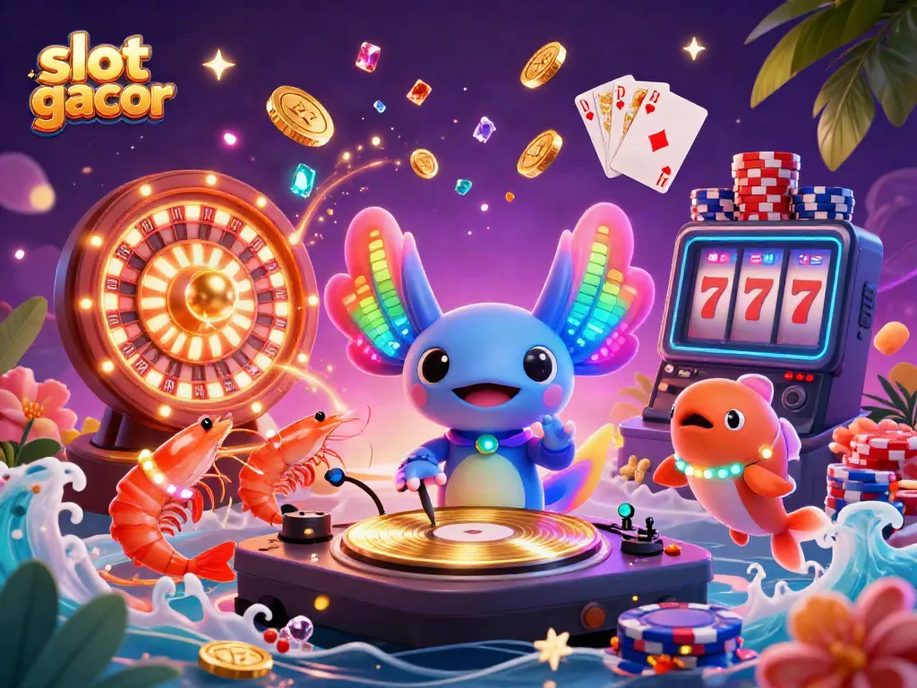 Engage with the lively scene featuring the slot gacor axolotl DJ surrounded by vibrant casino elements, capturing the essence of online gaming.