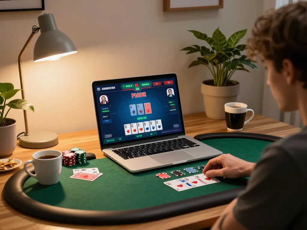 Engaging poker gameplay on aud77 using laptop in a cozy home environment