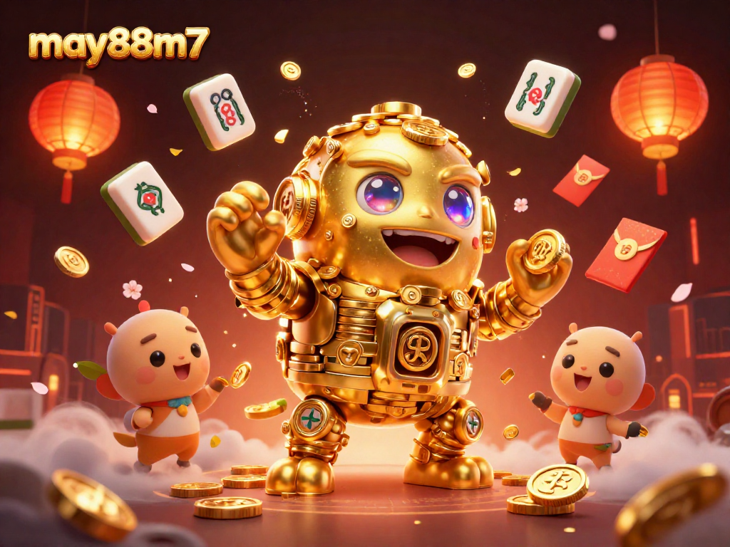 Spin the reels with may88m7's golden golem amidst festive gaming elements and excitement.
