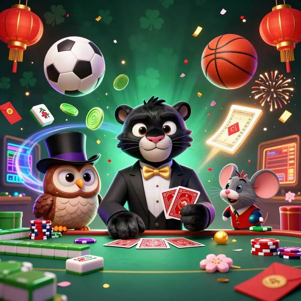 Panther, Eule und Maus im Casino-Glanz mit Karten, Chips, Bällen und Feuerwerk.