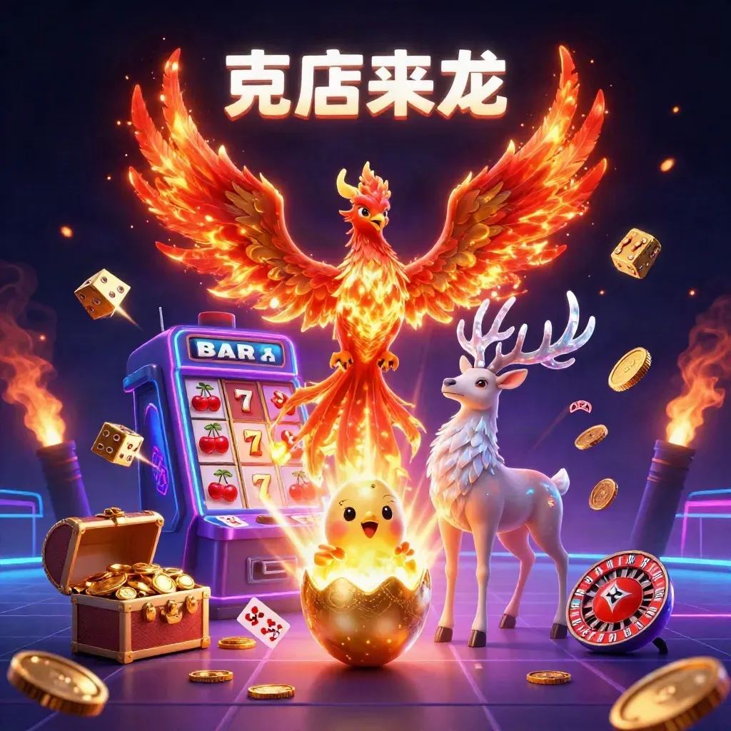 Leuchtender Phoenix, Hirsch und Babyphönix vor Slotmaschine und Gold im Neonblau.