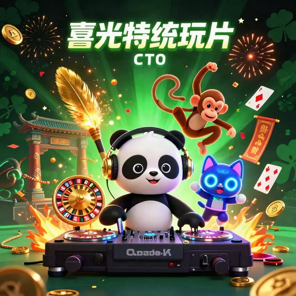 Panda-DJ, tanzender Affe und Leuchtkätzchen vor Tempeltor mit Casino-Glanz