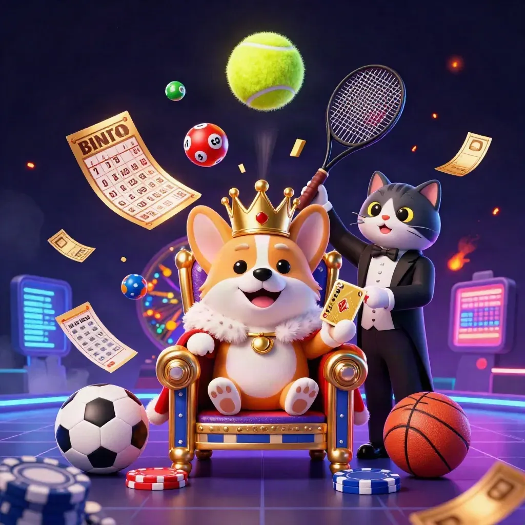 Royaler Corgi auf Pokerchip-Thron, Cat-Butler, Casino- und Sporteffekte in Neonlicht.