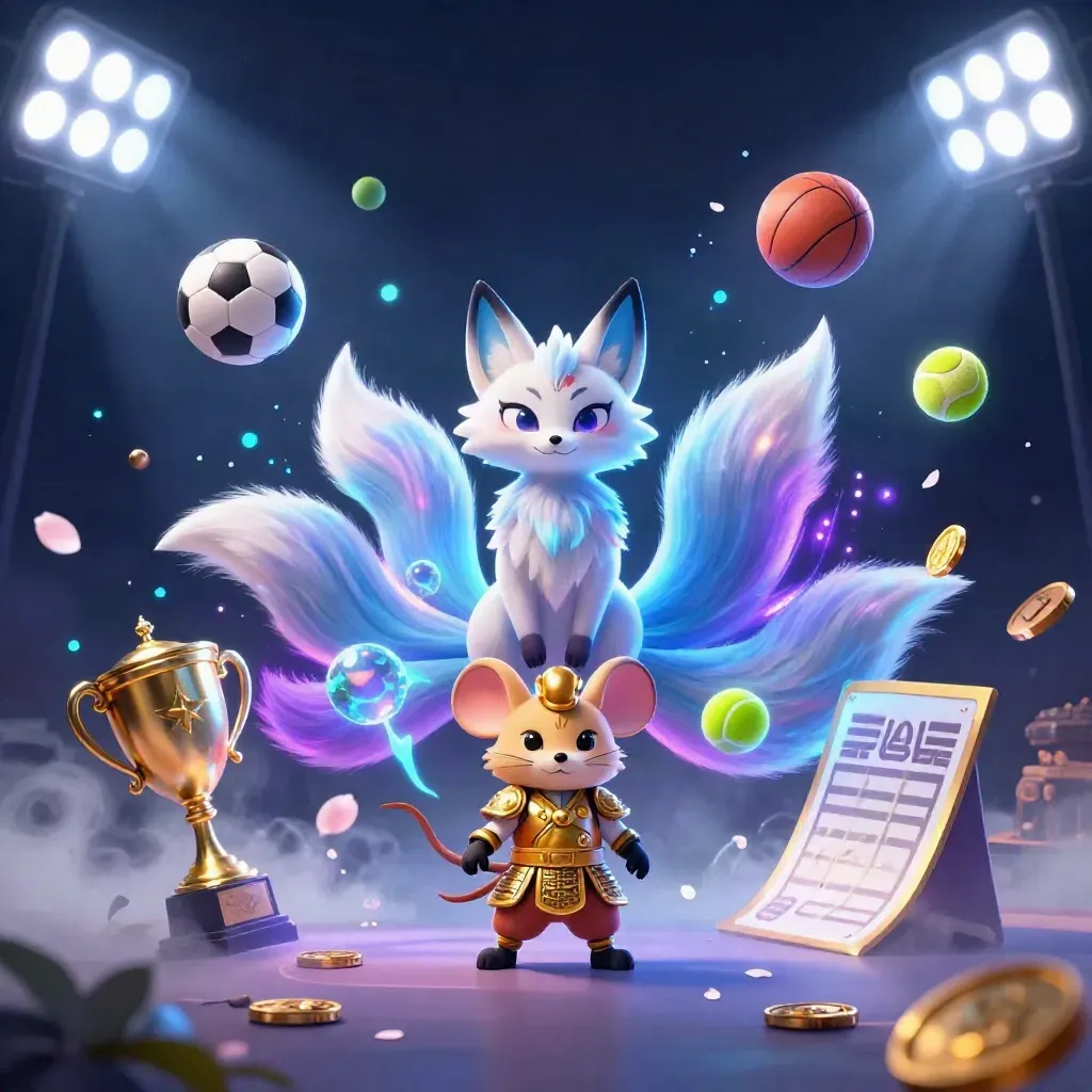 Neon-Fuchsgeist und Samurai-Maus zwischen fliegenden Sportbällen und goldenen Effekten.