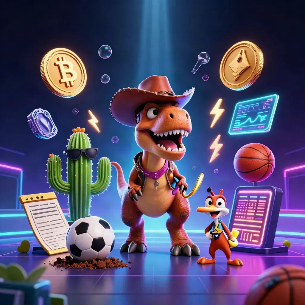 Cowboy-T-Rex, Kaktus und Roadrunner jagen glühende Krypto-Coins im Neonlicht.