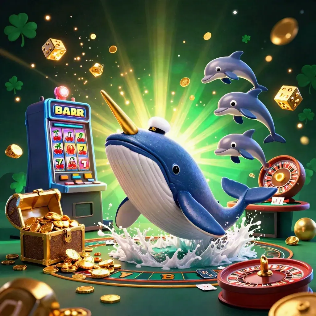 Wal, Narwal und Delfine im goldenen Luxus-Casino mit Spielautomaten und Lichteffekten