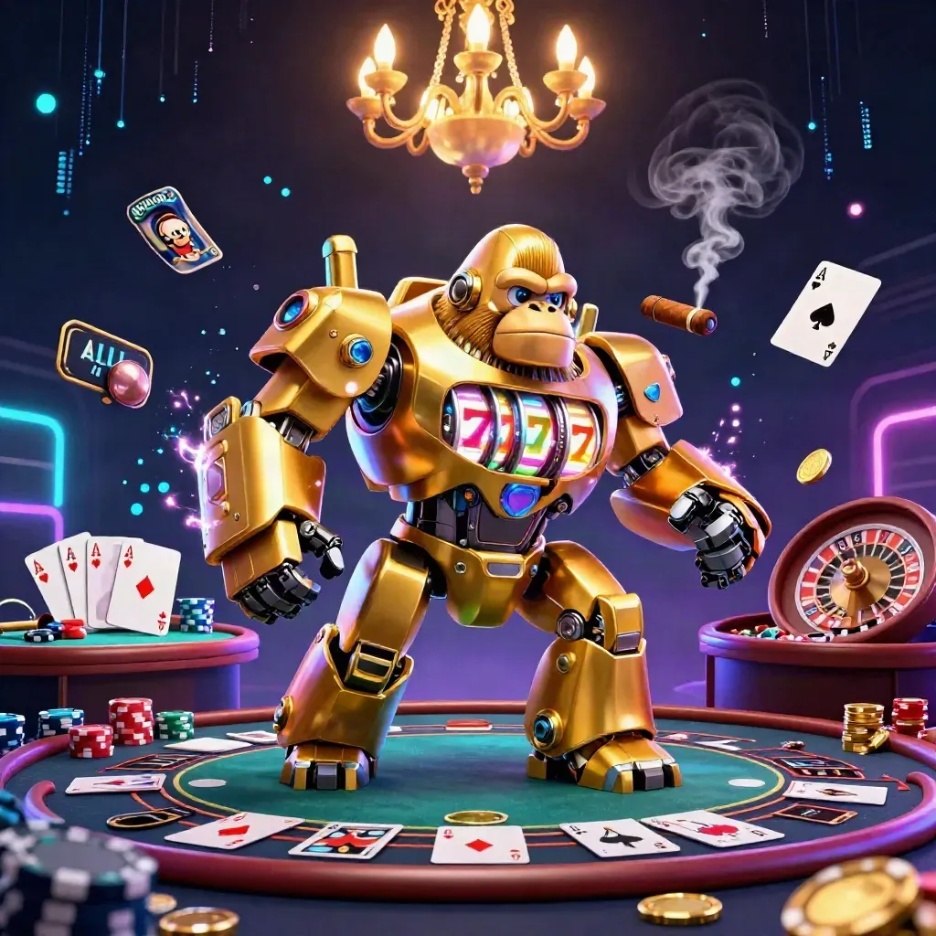 Goldener Gorilla-Mech im Casino, Pokerchips, Roulette, Neonblitze und blaues Digitalrauschen.