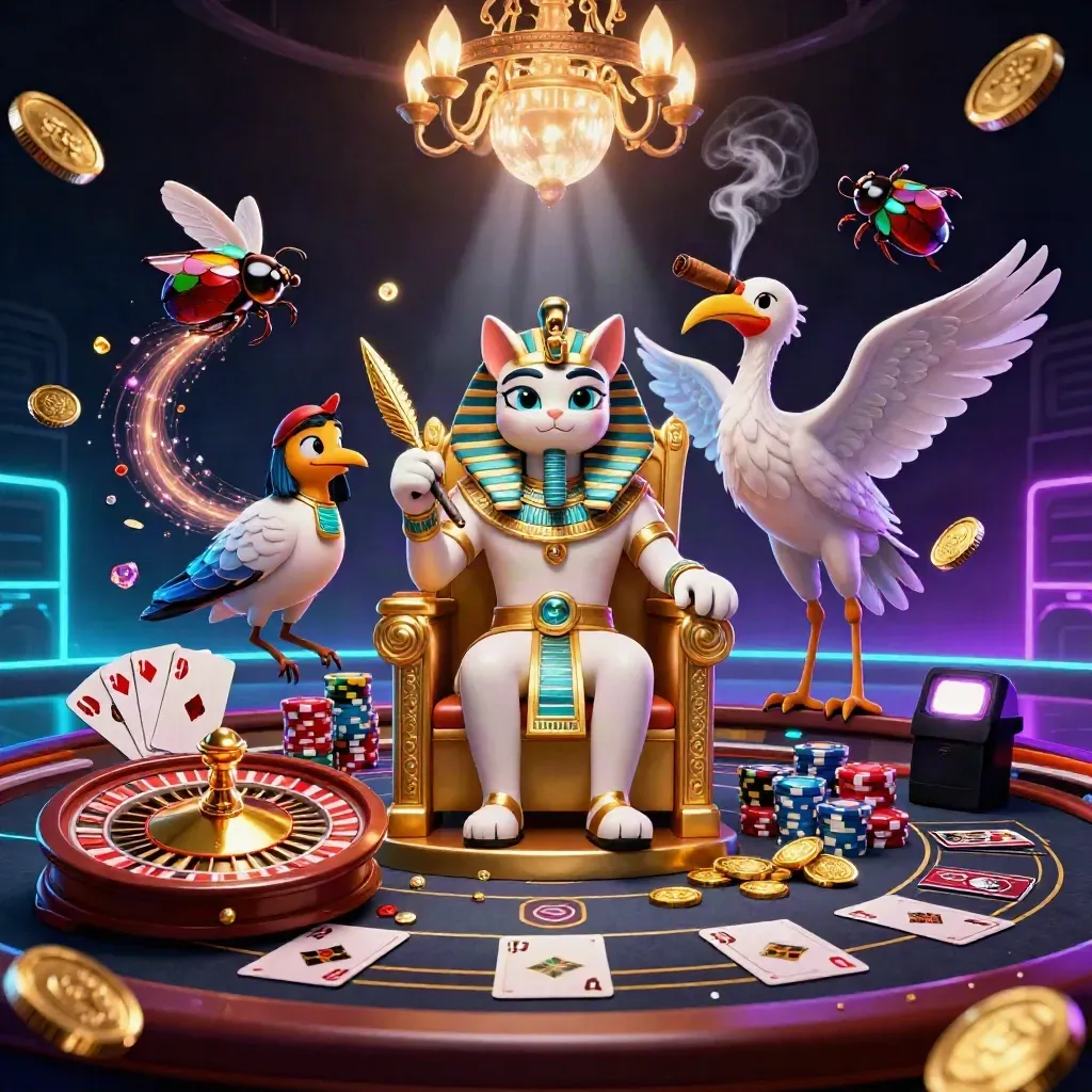 Pharaonenkatze, Ibis und Skarabäen in einer leuchtenden Casino-Szene mit Gold und Neon