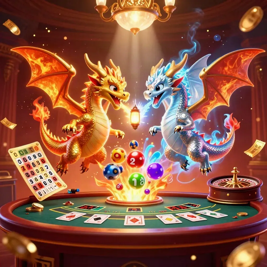 Zwei Drachen, Roulette, Lotto-Kugeln und Licht in einer edlen Casino-Kulisse.