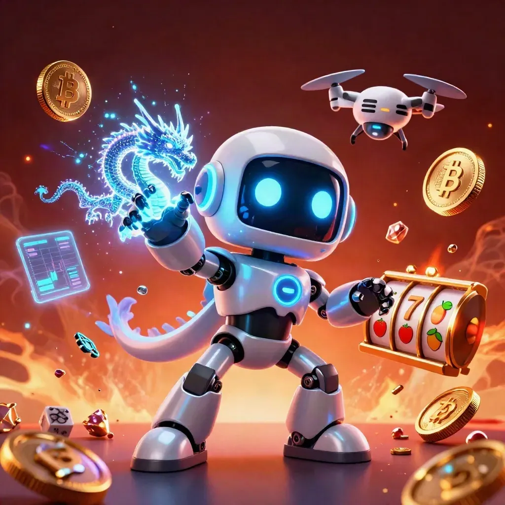 Cyberpunk-Roboter, AI-Drache und Coin-Drohne vor Neonblitzen und Casino-Symbolen