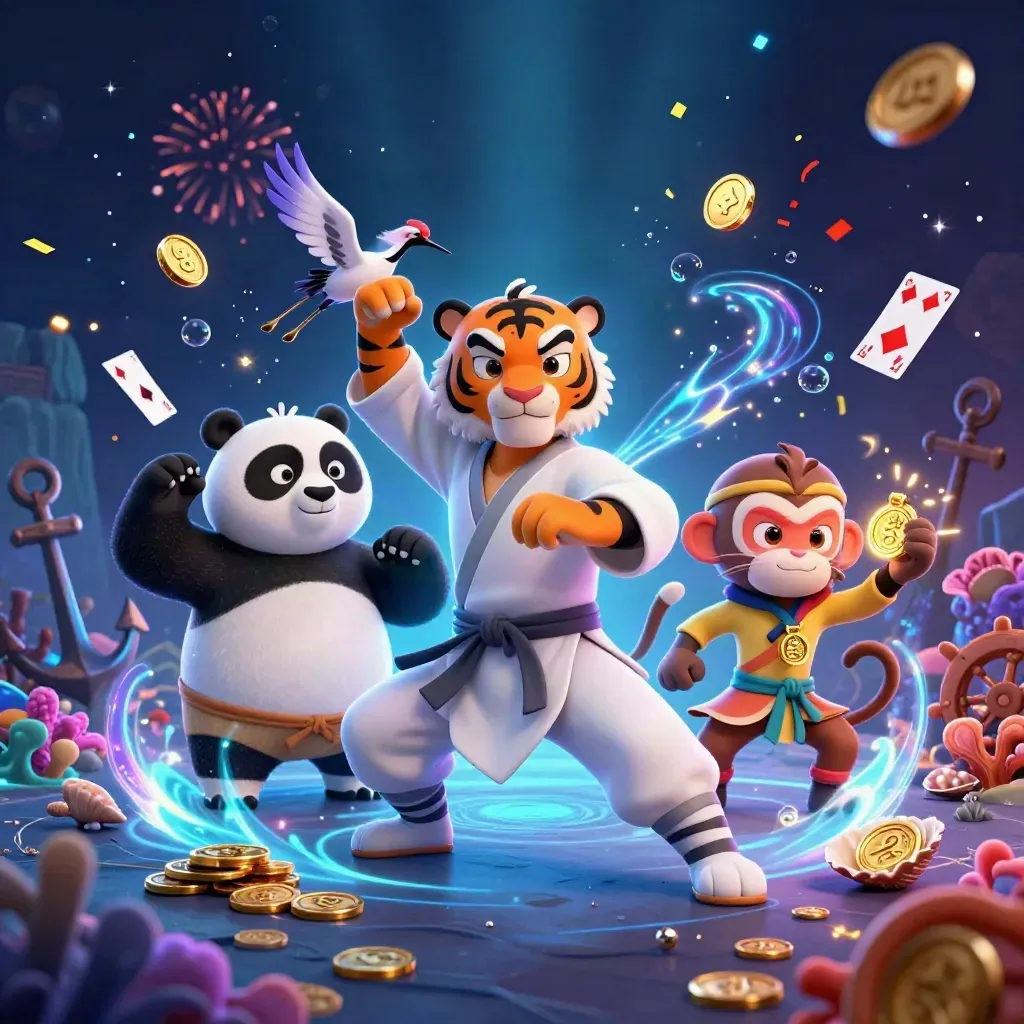 Tiger, Panda und Affe im Unterwasser-Schatzmeer mit Gold, Korallen und Neonblitzen.