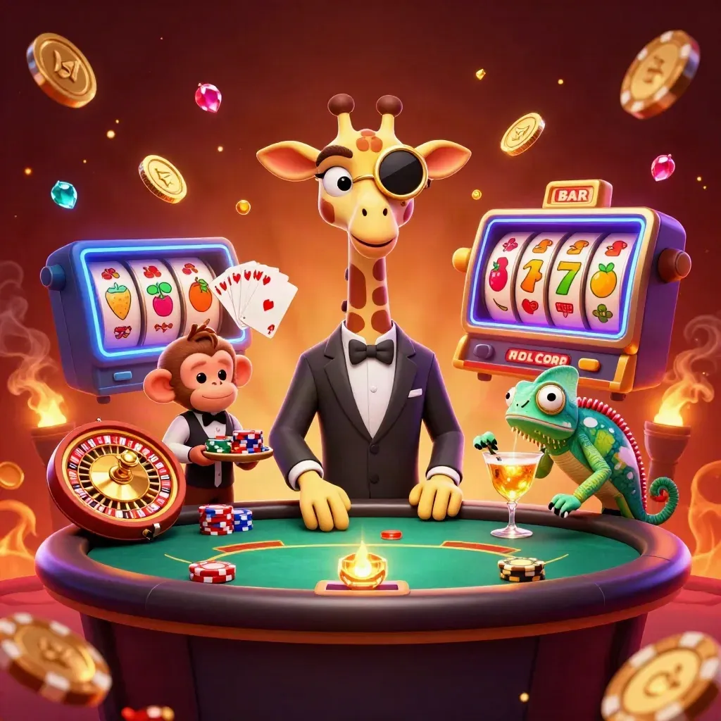 Neon-Casino mit Giraffe, Affe und Chamäleon, Coins, Chips und Karten im Feuerglanz