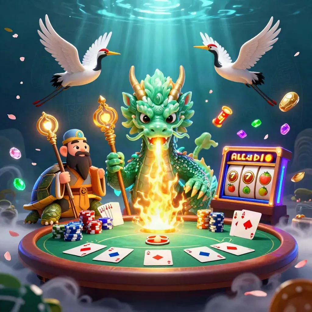 Jade-Drache, Schildkrötensage und Kraniche in Casino-Fantasy unter Wasser