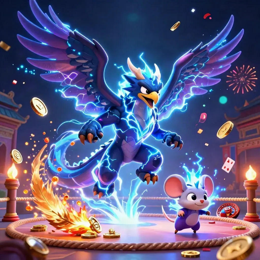 Thunderdrache, Windfalke und Blitzmaus in einer goldenen Casino-Explosion vor Tempeltor