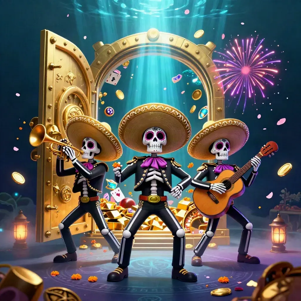 Drei Day-of-the-Dead-Skelett-Mariachis vor einem goldenen Tresor voller Münzen und Lichteffekten.