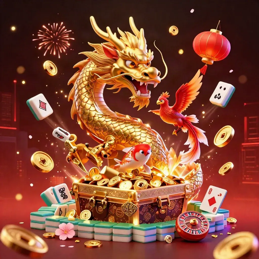Goldener Drache, Phoenix und Koikarpfen feiern in einer Casino-Explosion mit Münzen und Feuerwerk.
