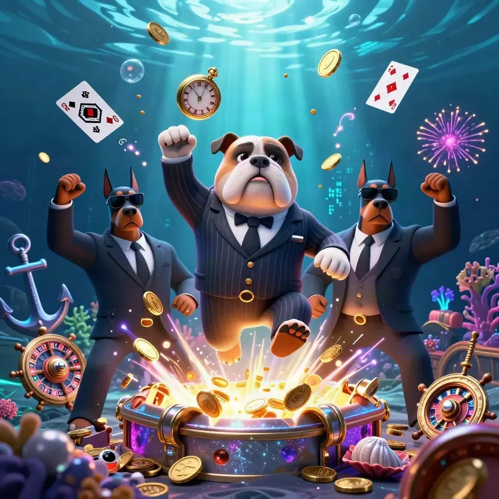 Mafia-Bulldogge und zwei Dobermänner in einer funkelnden Unterwasser-Schatzkaverne