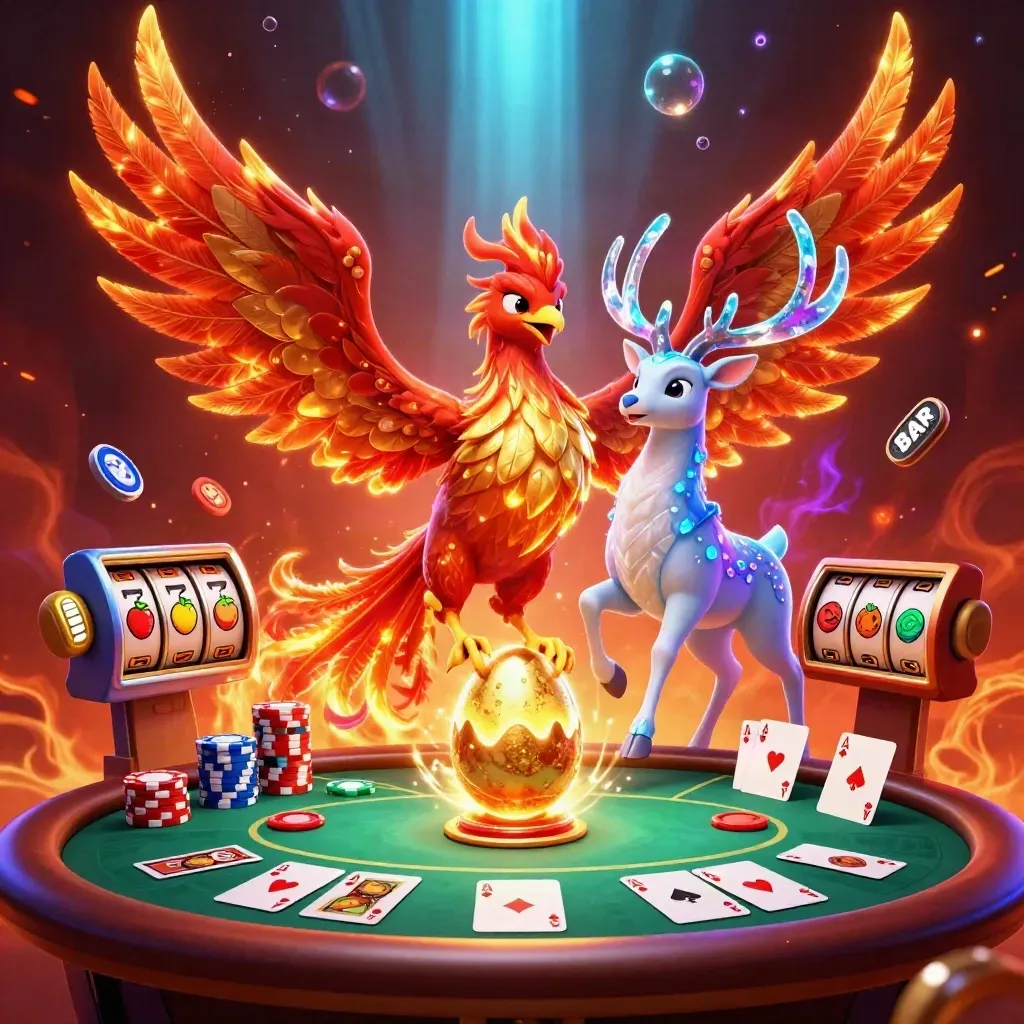 Feuriger Phönix, Hirsch und Babyphönix mit Pokerchips, Karten und Slot-Reels im Neonlicht.