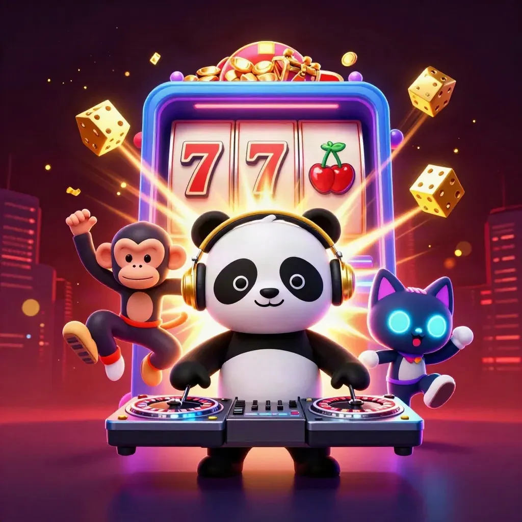 DJ-Panda, tanzender Affe und Leuchtkätzchen vor Slot-Regen in Neonlicht