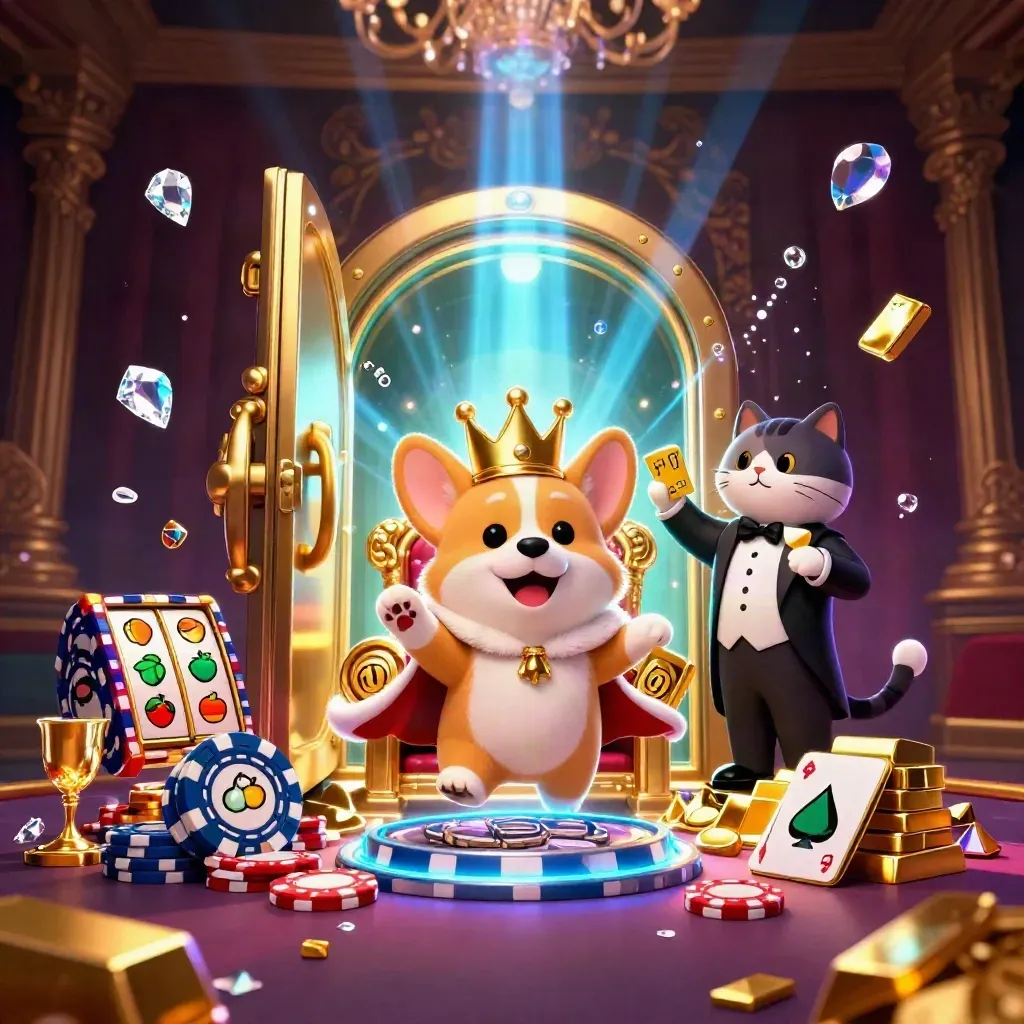 Royaler Corgi und Katzenbutler im Neon-Casino mit Gold, Würfeln und Schatzluft