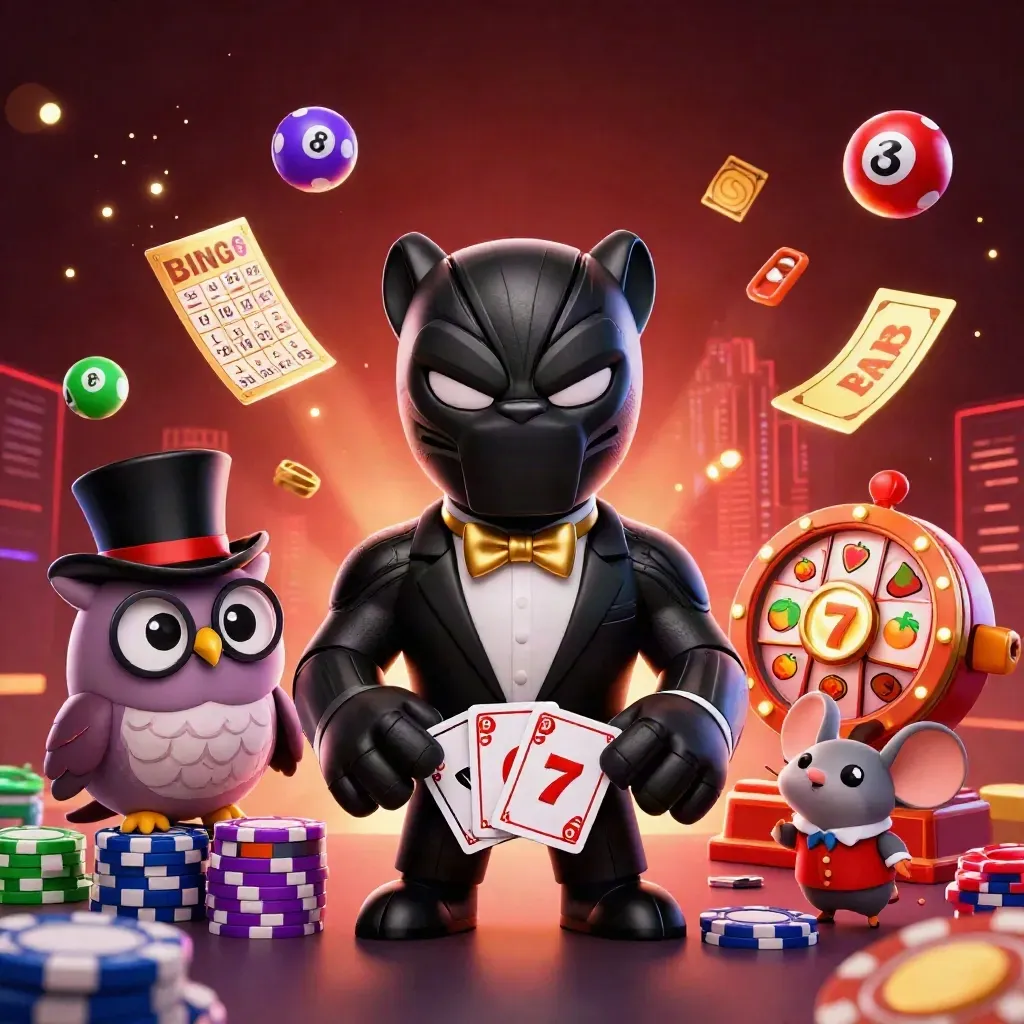 Panther im Smoking, Eule mit Chips und Maus vor Jackpot- und Slot-Elementen im Neon-Casino