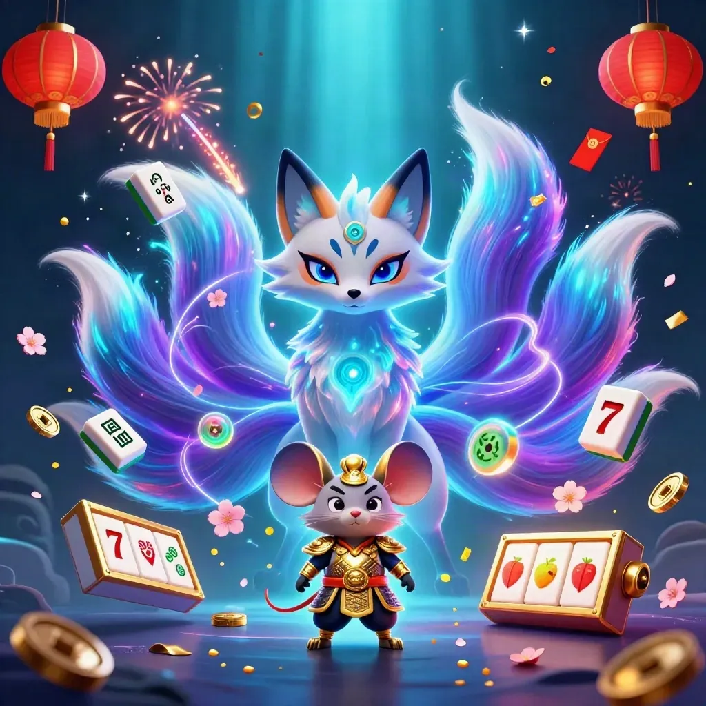 Neon-Fuchsgeist mit Samuraimaus, Mahjong, Coins und Feuerwerk im dunklen Casino-Look