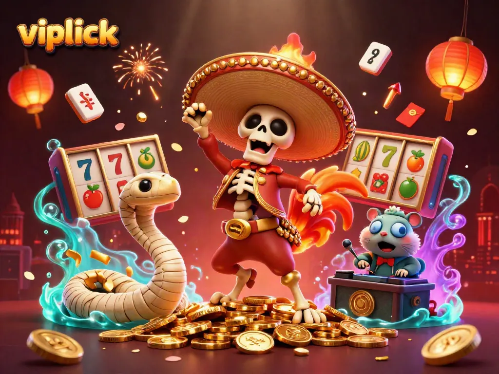 Experience the vipluck casino excitement with animated characters celebrating on a gold coin pile.