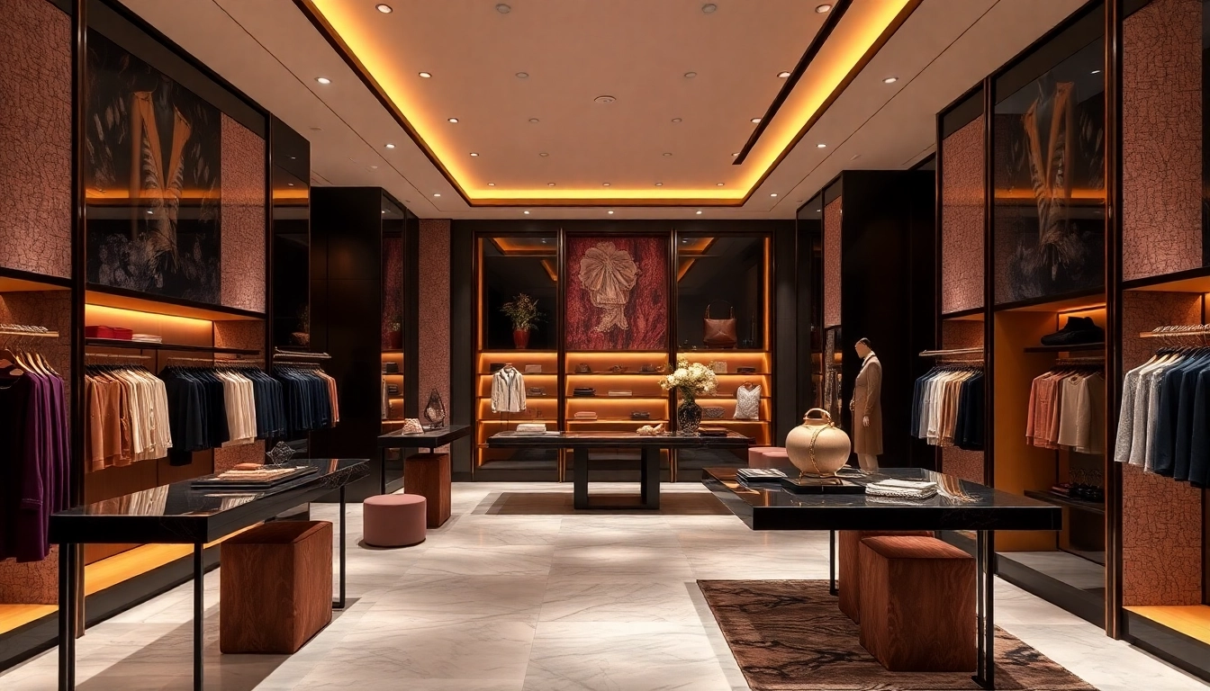 Luxury boutique showcasing elegant displays of high-end fashion items with rich, inviting decor.
