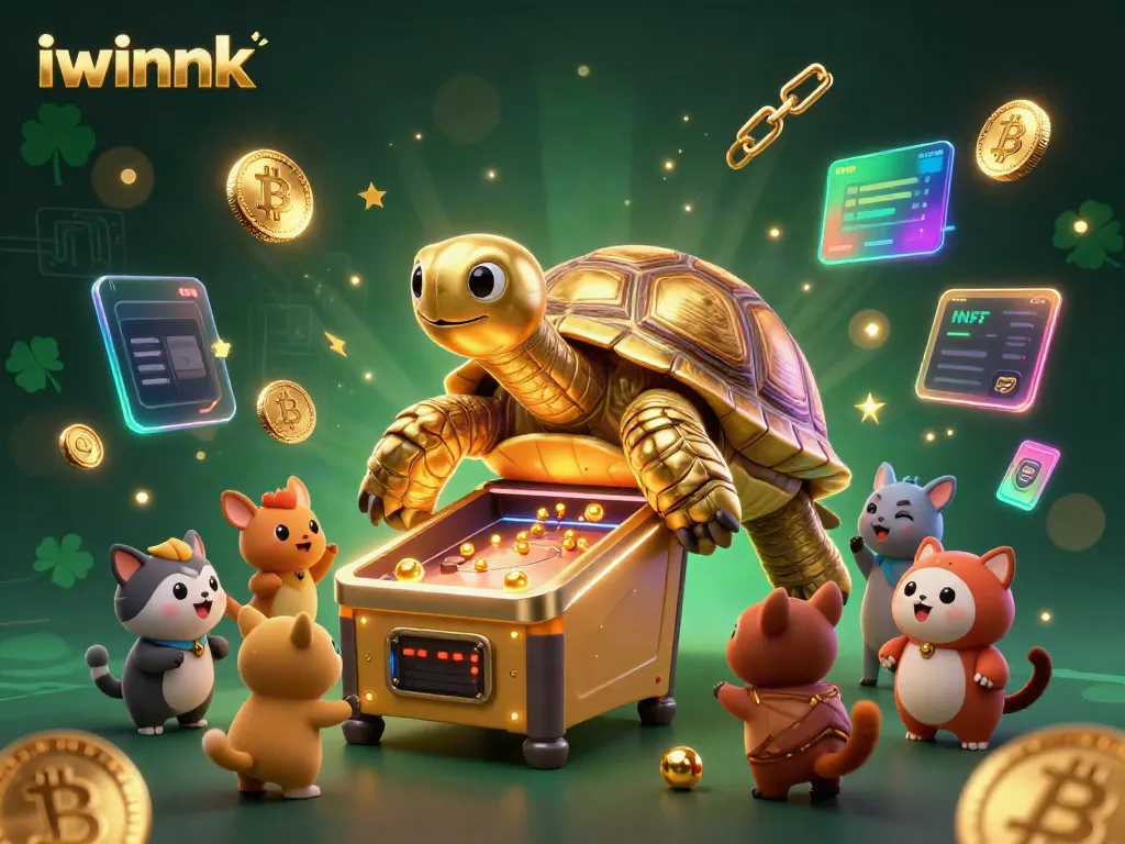 Engage with iwinnk's vibrant casino experience featuring a colossal tortoise pinball machine and animated crypto visuals.
