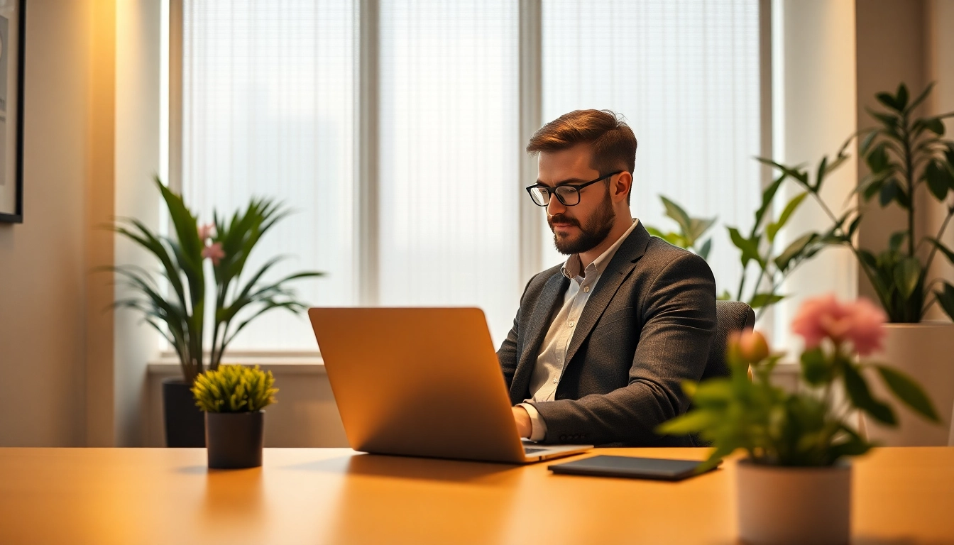 Headhunter arbeitet konzentriert am Laptop in einer modernen Büroumgebung, umgeben von Pflanzen.