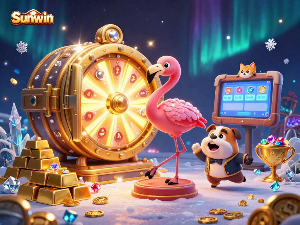 Spin the giant prize wheel at Sunwin for thrilling casino rewards in this vibrant scene.