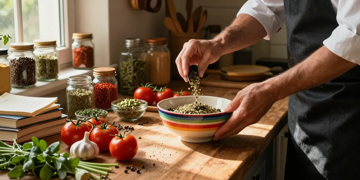 Chef, der Gewürze in eine Schüssel in einer rustikalen Küche abmisst, mit frischen Zutaten und Gewürzen im Vordergrund.