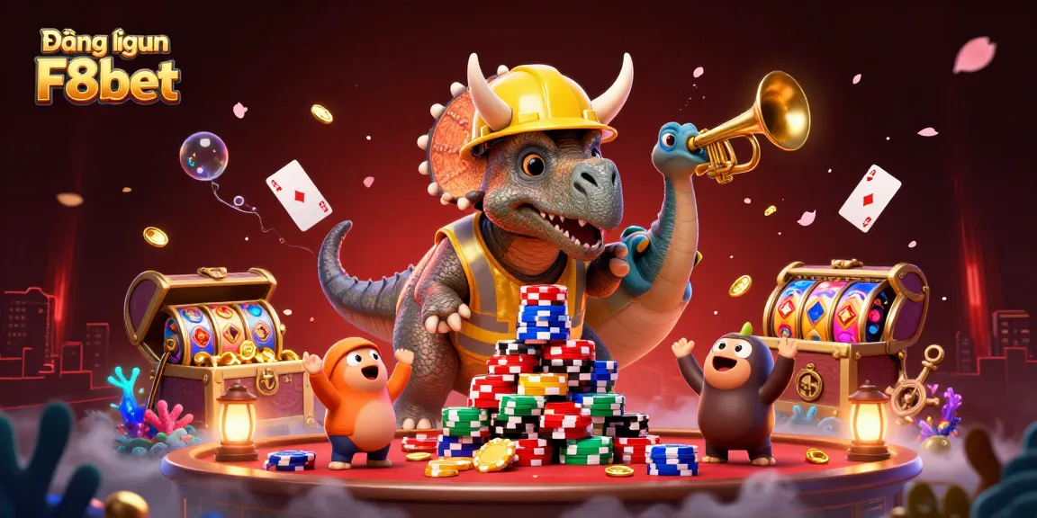 Engage in thrilling wins with Đăng nhập F8bet, featuring a joyful celebration of poker and casino games in a vibrant scene.