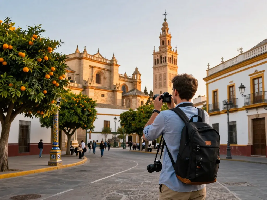 Reisetipps Sevilla: Reisender erkundet Sevillas historische Sehenswürdigkeiten im goldenen Sonnenlicht.