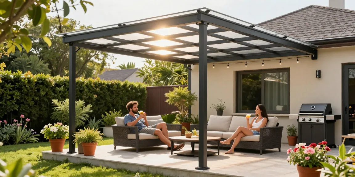 Terrassenüberdachung freistehend, stilvolle Überdachung im Garten mit einem Paar, das einen sonnigen Nachmittag genießt.